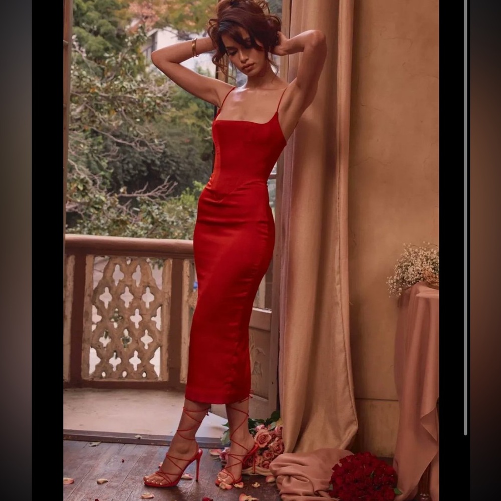 House of CB Anais Scarlet Satin Corset Midi Dress